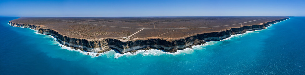 Panoramic view looking down on the sandstone cliffs and the Great Australian Bight marine park from...