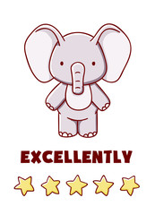 Cute elephant with five stars cartoon kawaii excellently flat hand drawn card isolated on white background