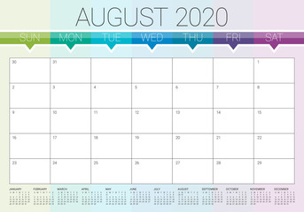 August 2020 desk calendar vector illustration