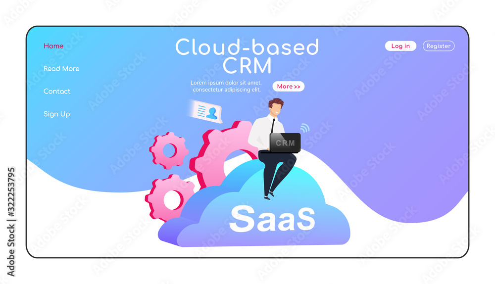 Poster cloud based crm landing page flat color vector template. man sitting on cumulus homepage layout. saa