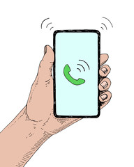 Hand drawn sketch of modern smartphone in hand. Handset icon on display. Incoming call concept. Vector mobile device illustration