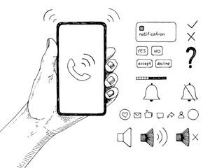 Hand drawn sketch of modern smartphone in hand with set of communication, contact, settings icons. Vector mobile device illustration. Black line on white background