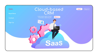 Cloud based CRM landing page flat color vector template. Man sitting on cumulus homepage layout. SaaS one page website interface with cartoon character. Computer software web banner, webpage