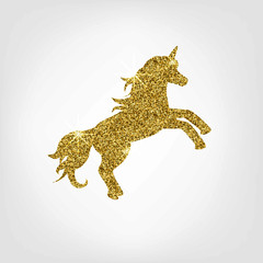 Obraz premium Silhouette of unicorn on white background. Vector illustration. Shape of unicorn. Graphic badge, banner, icon, print or logo.