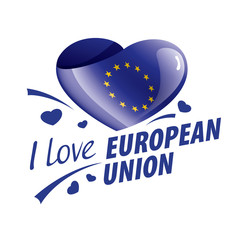 Flag of the European union in the shape of a heart and the inscription I love European union. Vector illustration