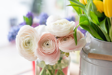 Lot of flowers Persian buttercup. Bunch pale pink ranunculus flowers on light gray background. Glass vase on vintage wooden table. Wallpaper