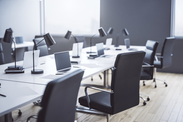 Modern furnished light office with window with city view. 3D Rendering