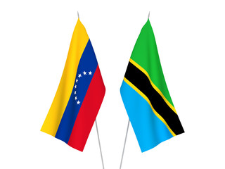 National fabric flags of Tanzania and Venezuela isolated on white background. 3d rendering illustration.