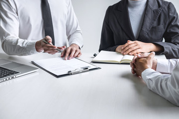Employer arriving for a job interview, committee listen to candidate answers explaining about his...