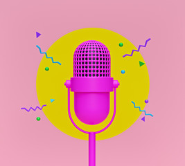 cute pink Retro microphone with abstract shapes. creative minimal design. 3d rendering - obrazy, fototapety, plakaty