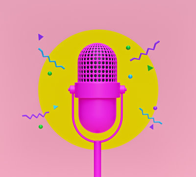 cute pink Retro microphone with abstract shapes. creative minimal design. 3d rendering