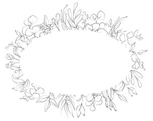 Botanical sketched floral frame. Line art hand drawn plants.