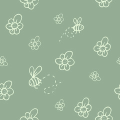 Bumble bee and flower pattern - tileable vector illustration