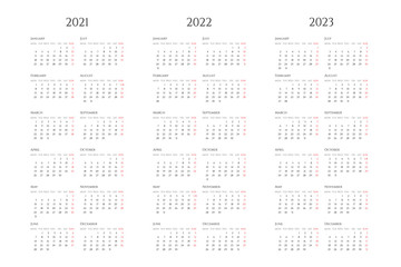 Annual calendar flat vector illustration set. Organizer template for 2021, 2022 and 2023 years. Business planner color design. Basic grid with text and numbers on black background.