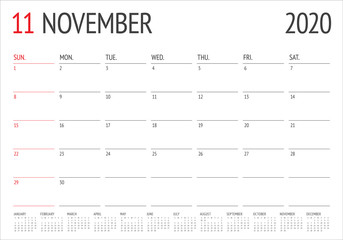 November 2020 desk calendar vector illustration