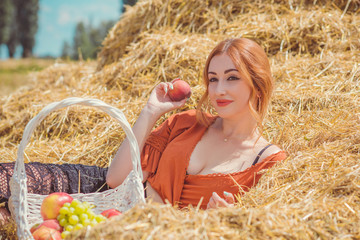 Pretty lady at vintage style at field. Inspiration ideas   