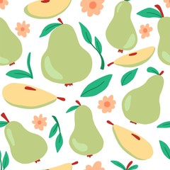 Seamless pattern of green pear with leaf, flower. Pear of simple trendy cartoon style for natural food, fruit, kids walppaper, textile, design. Vector illustration.