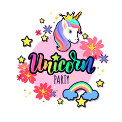 Cute unicorns magic design with hand lettering quotes. Vector illustration for card, poster, t-shirt, invitation, banner template.