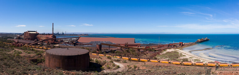 View of the steelworks and iron ore railway cars at Whyalla in South Australia