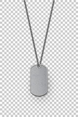 Fototapeta premium Empty silver military badge hanging on steel chain. Vector isolated army object on transparent background. Pendant with blank space for identification, blood type in case of death and injury.