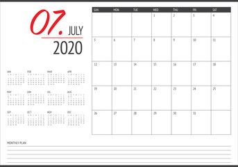 July 2020 desk calendar vector illustration