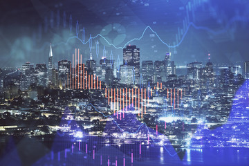 Plakat Financial graph on night city scape with tall buildings background double exposure. Analysis concept.