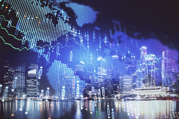 Financial chart on city scape with tall buildings background multi exposure. Analysis concept.