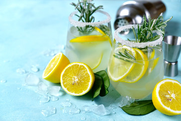 Summer citrus cocktail with rosemary in a glasses. - obrazy, fototapety, plakaty