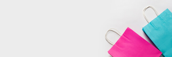Shopping bags on a white background. Concept shopping, discount, sale. Banner. Flat lay, top view