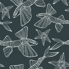 Hand drawn flying fish and starfish coloring vector pattern for children and adults. Seamless background for wallpapers, postcards and posters. Black and white. Underwater world.