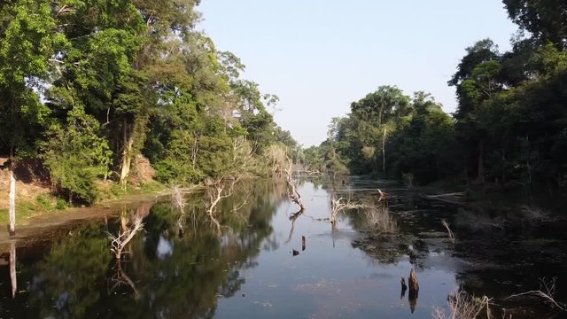 Moat of Angkor temple. Aerial drone footage along a moat in Preah Khan, a world Unesco Heritage, Siem Reap, Cambodia