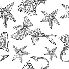 Hand drawn flying fish, starfish and stingray coloring vector pattern for children and adults. Seamless background for wallpapers, postcards and posters. Black and white. Underwater world.