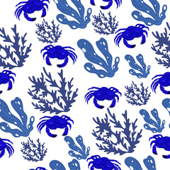 Seamless pattern of blue crabs, seaweeds and corals. Vector graphics.