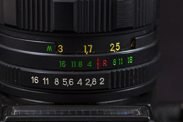 Detail of an old camera - lens, closeup. Retro camera in scratches and dust from a private collection.