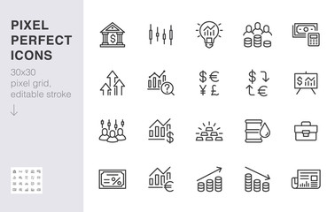 Investment line icon set. Stock market, bond, financial analysis, broker, income increase minimal vector illustration. Simple outline signs investor application. 30x30 Pixel Perfect. Editable Strokes - obrazy, fototapety, plakaty