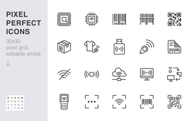 RFID, qr code, barcode line icon set. Price tag scanner label reader, identification microchip vector illustration. Simple outline signs retail safety application. 30x30 Pixel Perfect Editable Stroke