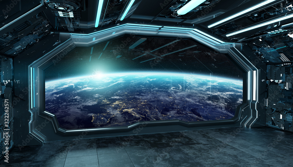 Wall mural dark blue spaceship futuristic interior with window view on planet earth 3d rendering