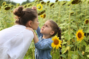 photo of a young European woman with a six-year-old daughter against a background of a field of sunflowers