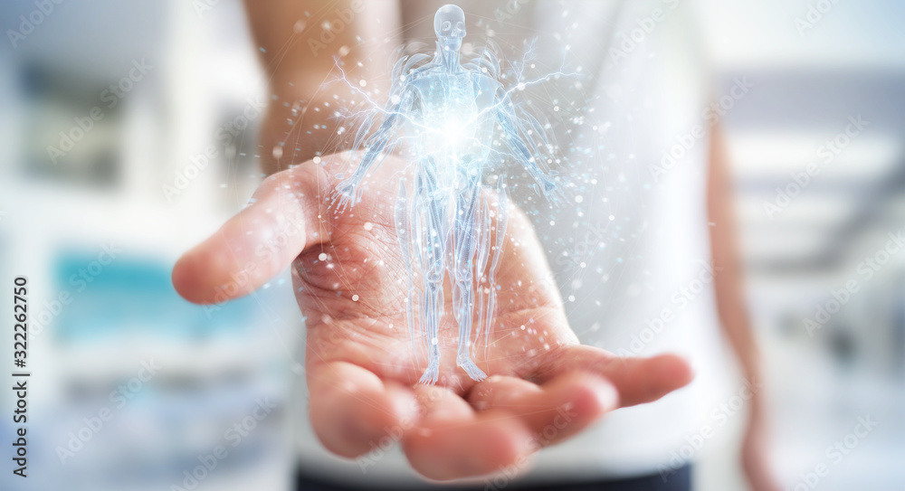 Poster man using digital x-ray human body holographic scan projection 3d rendering