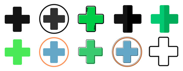 Set Pharmacy icons, flat graphic design template, app icons, plus symbols, cross signs, vector illustration