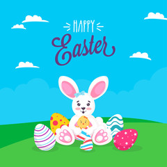 Cute Bunny holding Chick Bird with Printed Eggs on Blue and Green Background for Happy Easter Celebration Concept.