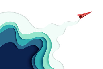 Red paper airplane flying on blue paper art abstract background landing page.Vector illustration.