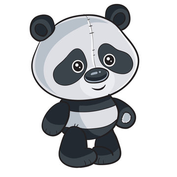 cute panda toy stands and waits when they play with it, isolated object on a white background,