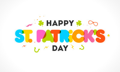Colorful Happy St. Patrick's Day Text with Shamrock Leaves and Horseshoe on White Background.