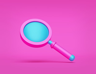 magnifying glass on pink background. search, find and discover concept. minimalism. 3d rendering