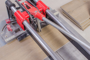 Tile cutter with ceramic tiles and ruler.