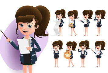Female teaching vector character set. Professional business characters of woman teaching and presenting about business proposal while standing in different poses and gestures isolated in white.