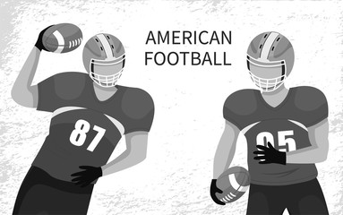 Characters playing american football. People in special uniform and protective helmet tossing and catching balls. Players team acting together. Sportsmen with muscles, sportive hobby, vector retro