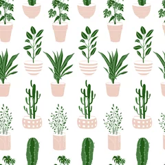 Behang Kamerplanten schattig naadloos patroon. Huisbloemen in potten, vector platte illustartion voor inpakpapier, babytextiel © Anna