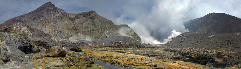 Whakaari / White Island New Zealand active volcano. Moonscape.  Andesite stratovolcano Sulphur mining